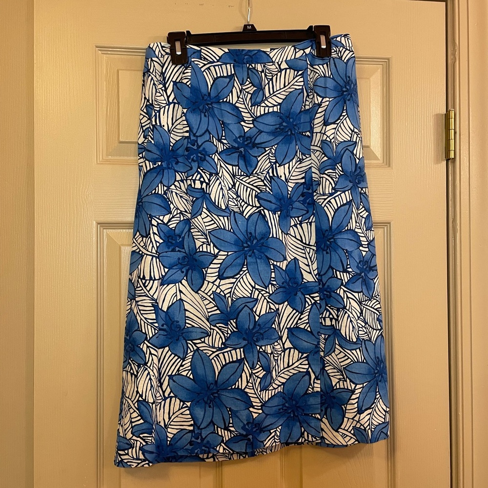 Kim Rogers Blue Floral Linen/Rayon Women's Skirt with Front Slit,‎ Size 12P